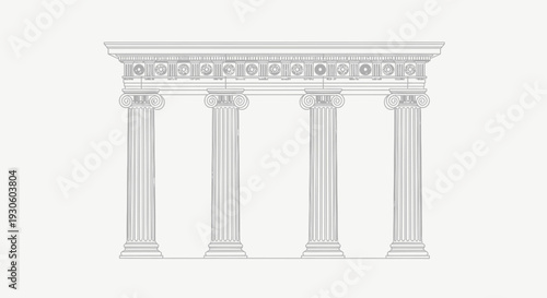 Outline drawing of four classical Greek columns, architectural element, isolated white background.