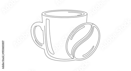 Line art drawing of a coffee cup with two coffee beans, isolated white background.