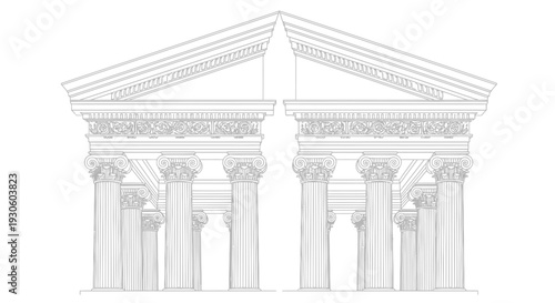 Detailed line art of classical Greek temple architecture with columns, isolated white background.
