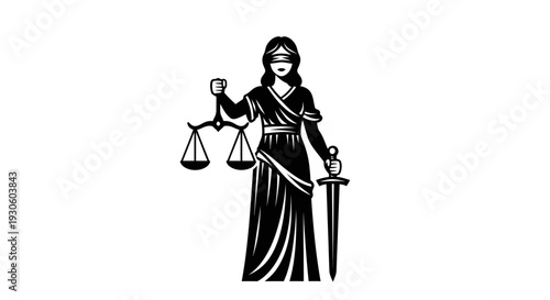 Lady Justice holding scales and sword, symbolizing law and fairness, isolated white background.