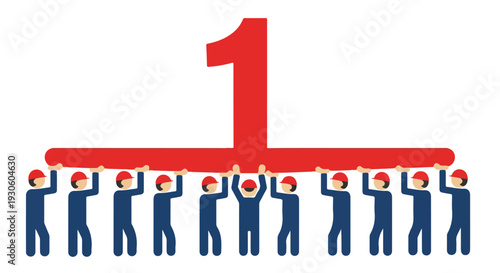 Flat lay illustration of eight people holding up a large red number one against a clean white background.