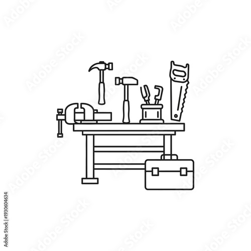 Line Drawing of a Modern Workshop Benchtop with Tools and Equipment