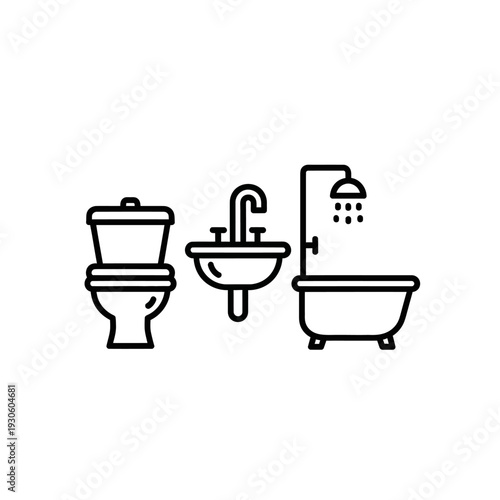Minimalist Bathroom Fixtures Including Toilet Sink and Shower in Line Art Style