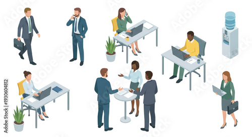 Isometric Business People Set: Vector Office Workers Working, Talking on Phone, Meeting, and Drinking Water Characters
