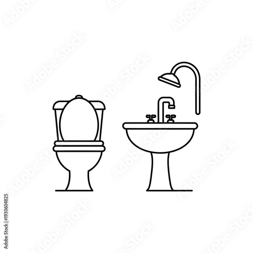 Minimalist Bathroom Line Art Featuring Toilet and Sink Illustrations