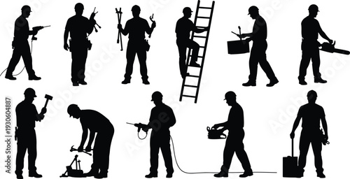 Construction worker and handyman silhouettes with tools isolated on white background, builders using drill, hammer, ladder and toolbox, repair and maintenance concept illustration