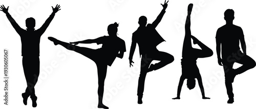 Modern dance and acrobatic performer silhouettes isolated on white background, dynamic male and female dancers in expressive poses, contemporary street dance concept illustration