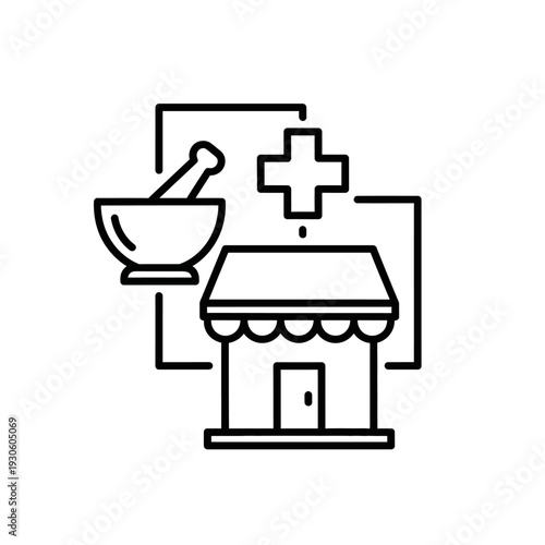 Medical Clinic Building with Health Symbols and Pharmacy Iconography