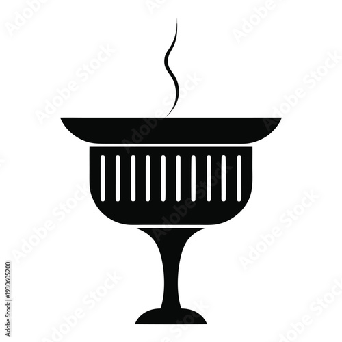 Minimalist black icon of a steaming bowl on a pedestal isolated on White Background