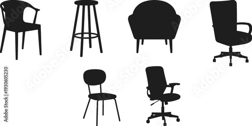Assortment of seven black silhouette chairs including armchairs, bar stools, and office chairs showcasing diverse seating on a white background