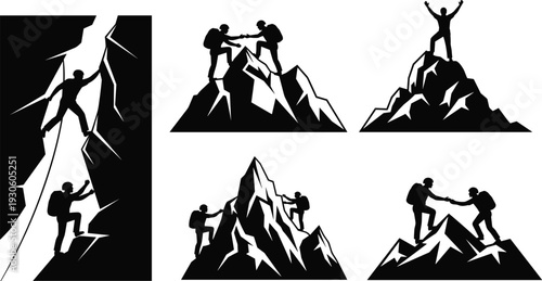 Mountain climber teamwork silhouettes isolated on white background, hikers helping each other reach summit, adventure mountaineering success and leadership concept illustration set