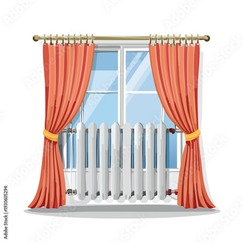 Cartoon window with red curtains and a radiator