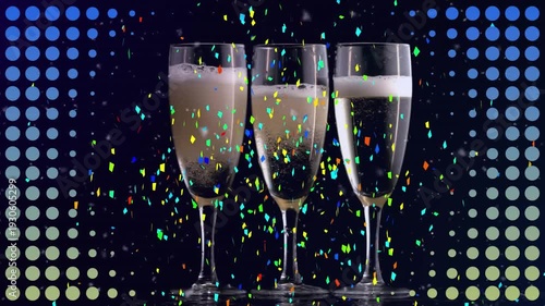Animation of shapes and confetti over glasses of champagne