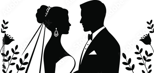 Black silhouette of a bride and groom in profile facing each other adorned with floral on a white background symbolizing love and union