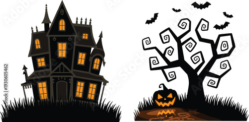 A spooky Halloween scene featuring a haunted house, a gnarled tree with bats, and a glowing jack-o-lantern