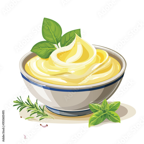 Creamy sauce in bowl with herbs and leaves