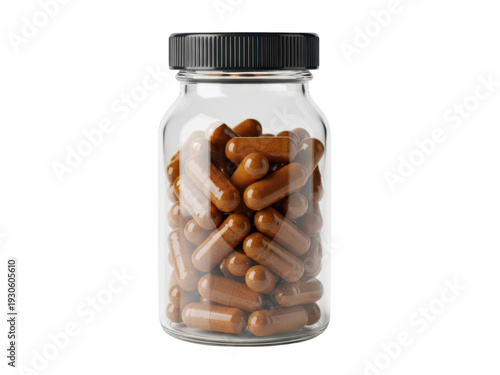 A closeup of a glass jar and bottle filled with healthy green medicine pills and pickled vegetable ingredients isolated on a white background
