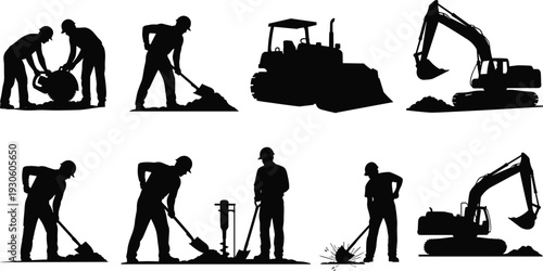 Road construction worker and heavy equipment silhouettes isolated on white background, builders digging with shovels, excavator and bulldozer machinery, infrastructure development concept illustration