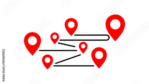 A network of red location pins connected by lines illustrating connections and mapping