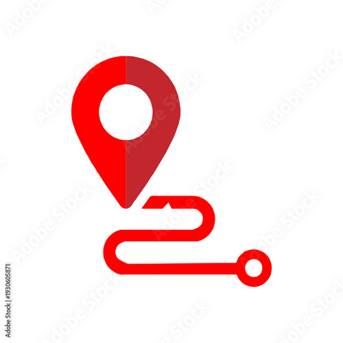 A red location pin connected to a winding route with a circular endpoint