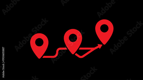 Three red location pins connected by a curved line on a black background