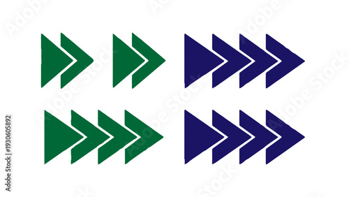 A series of eight geometric arrow shapes in varying shades of green and blue
