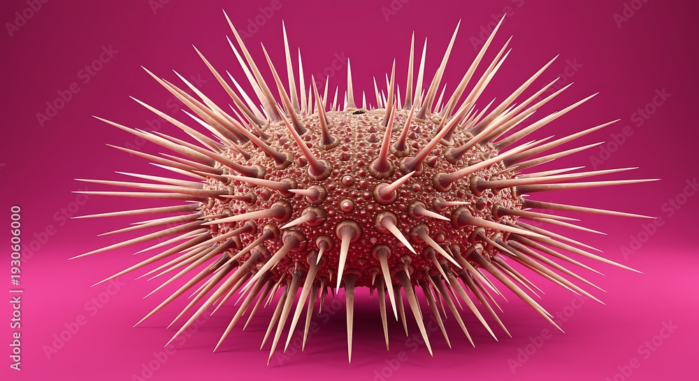 Fototapeta premium A pink sea urchin with long sharp spines on its body isolated on a pink background one animal from the ocean