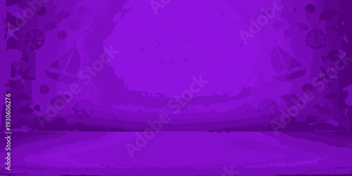 A vibrant purple underwater scene with boats shells and marine life