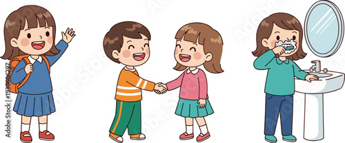 Children daily routine activities illustration, school greeting brushing teeth hygiene healthy habits cartoon vector set