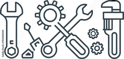 Stylized black outline of various tools including wrenches, gears, and a pipe wrench representing repair and mechanical work on a white background