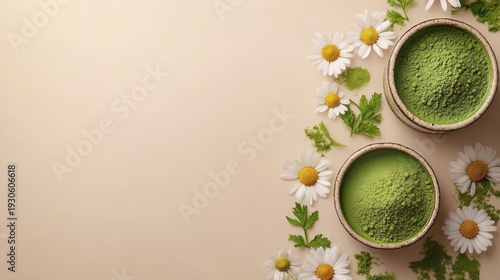Matcha powder in bowls, floral border, beige background