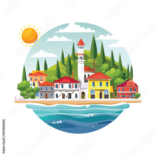 Wallpaper Mural Coastal village illustration with colorful houses and beach scene Torontodigital.ca