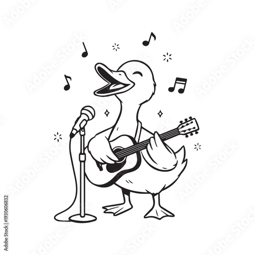 Funny duck playing acoustic guitar and singing into a microphone. Cute bird musician doodle sketch. Black and white line art vector illustration with text It's me hi.
