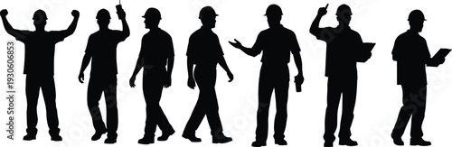 Construction worker silhouettes collection isolated on white background, engineers and builders in hard hats with clipboard and tools, industrial labor team concept illustration
