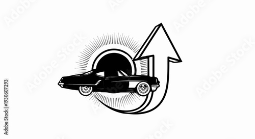 Stylized classic convertible car with rising sun and upward arrow