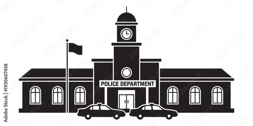 Obraz premium Police department building silhouette with patrol cars and clock tower vector illustration graphics