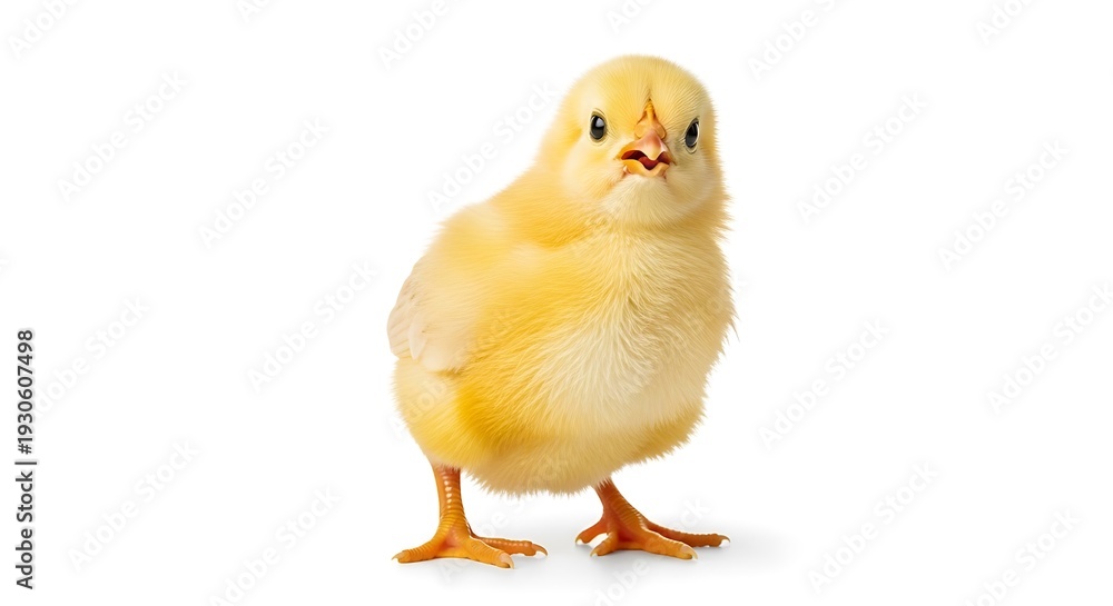 Obraz premium Cute yellow chick standing on white studio background