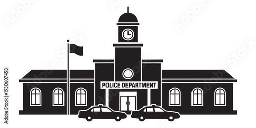 Police department building silhouette with patrol cars and clock tower vector illustration graphics