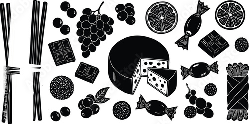 Black and white food illustration featuring cheese, grapes, chocolate, pasta, citrus slices, candies, chopsticks, balanced composition, monochrome vector art