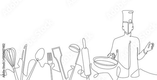 Chef with Utensils. Continuous line drawing vector illustration. Culinary poster.
