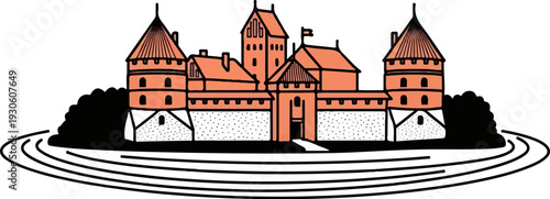Stylized illustration of a salmon-colored medieval castle with towers and water ripples