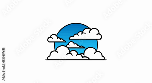 Stylized clouds float against a gradient blue sky circle
