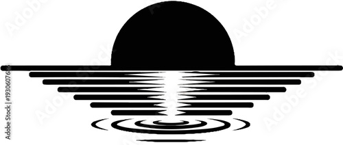 Stylized black sun silhouette reflecting on water with ripples