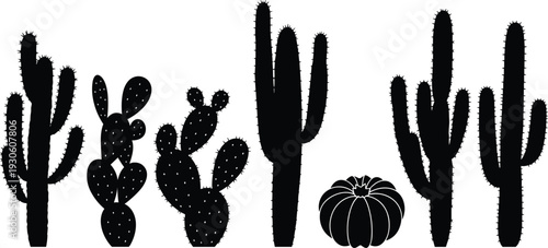Black cactus silhouette collection featuring six desert plant shapes, diverse botanical forms, nature vector illustration, monochrome decorative artwork, desert flora design