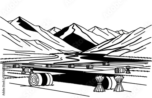 Stylized landscape with mountains, winding river, and harvested hay bales