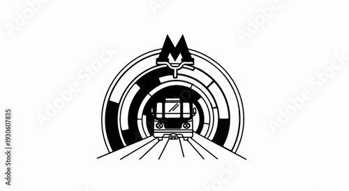 Stylized illustration of a subway train entering a circular tunnel with a distinct symbol