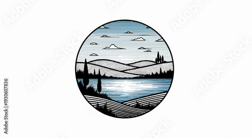 Stylized landscape with rolling hills, a lake, trees, and clouds within a circle