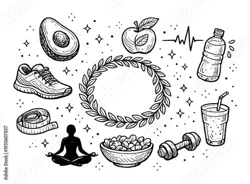 Healthy lifestyle and fitness doodle icons set with avocado apple dumbbell and yoga for wellness poster and background design