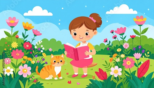 Child reading a book outdoors with a cat surrounded by flowers