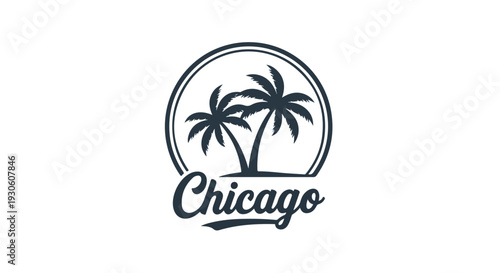 Logo design featuring two palm trees in a circle with the word 'Chicago' on a white background.